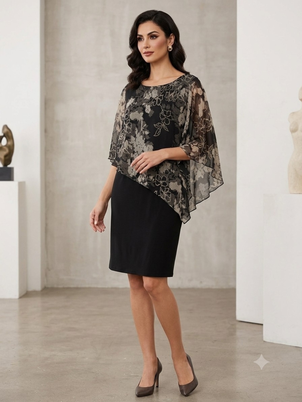 Connected Apparel Floral Shimmer Overlay Cape Black Dress